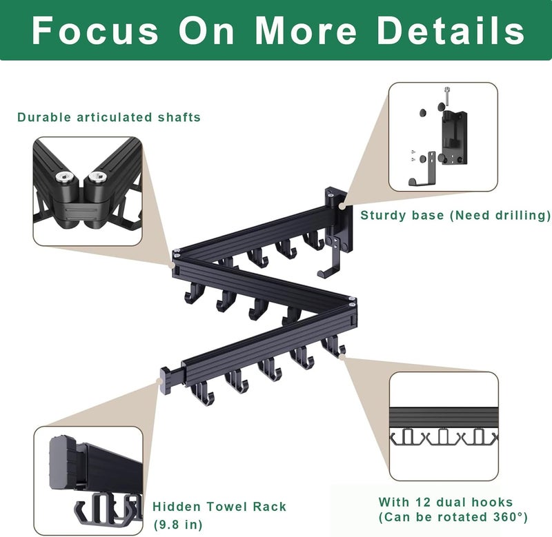 Kelisiting Wall Mount Clothes Drying Rack, Wall Mounted Drying Rack, Upgraded 3-Fold & Sturdy Laundry Drying Rack with 12 Dual-Side Hooks Space Saver for Laundry Room, Apartment, Dorms - Black - Image 3